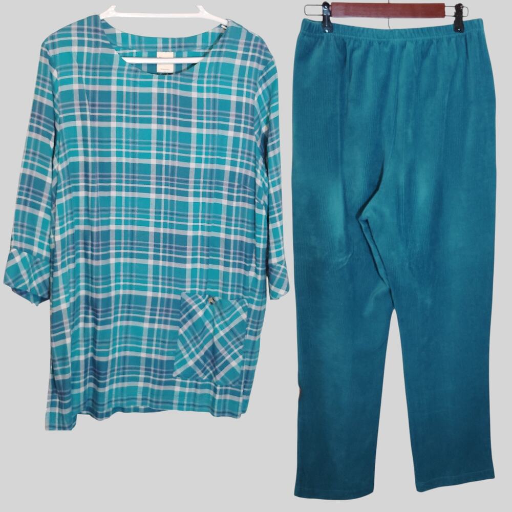 Blair Teal Plaid Tunic Pullover Corduroy Pant Set Womenโs Large Excellent Estate